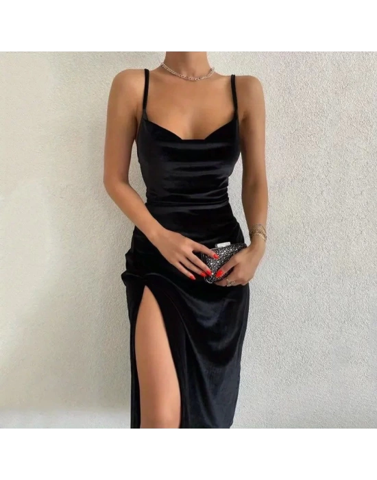 Kadın Askılı Degaje Yakalı Yırtmaçlı Kadife Midi Elbise