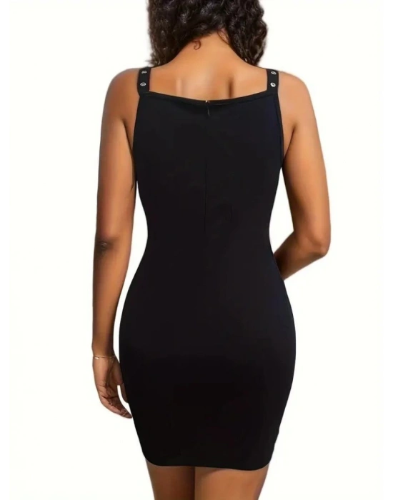 Kadın Askılı Derin V Yakalı Kuş Gözü Detaylı Janjan Krep Elbise