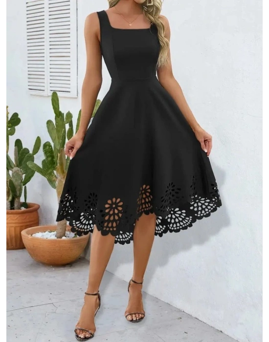 Kadın Askılı Geometrik Yaka çiçek Lazer Kesim Ithal Krep Elbise