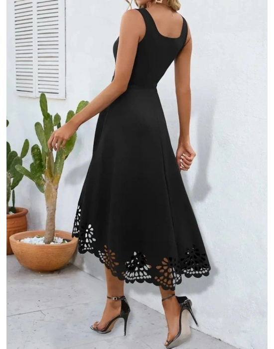 Kadın Askılı Geometrik Yaka çiçek Lazer Kesim Ithal Krep Elbise