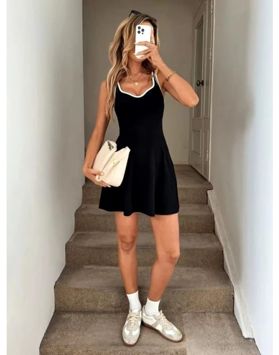 Kadın Askılı Kalp Yakalı şerit Detaylı Dalgıç Kısa Elbise