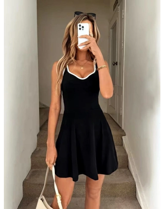 Kadın Askılı Kalp Yakalı şerit Detaylı Dalgıç Kısa Elbise