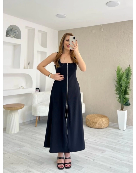Kadın Askılı Kare Yaka önden Fermuarlı Geniş Kesim Janjan Krep Elbise