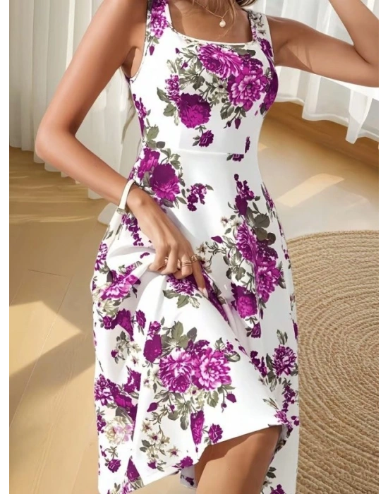 Kadın Askılı Kare Yakalı çiçek Desenli Midi Dalgıç Elbise