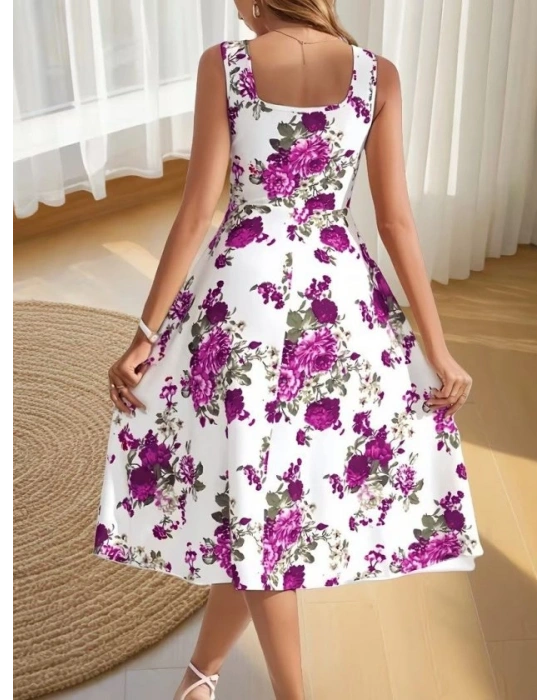 Kadın Askılı Kare Yakalı çiçek Desenli Midi Dalgıç Elbise