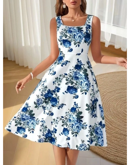 Kadın Askılı Kare Yakalı çiçek Desenli Midi Dalgıç Elbise