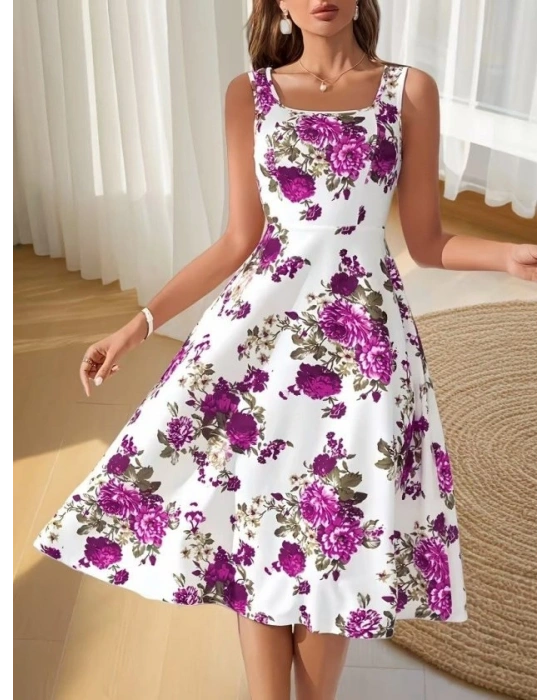 Kadın Askılı Kare Yakalı çiçek Desenli Midi Dalgıç Elbise