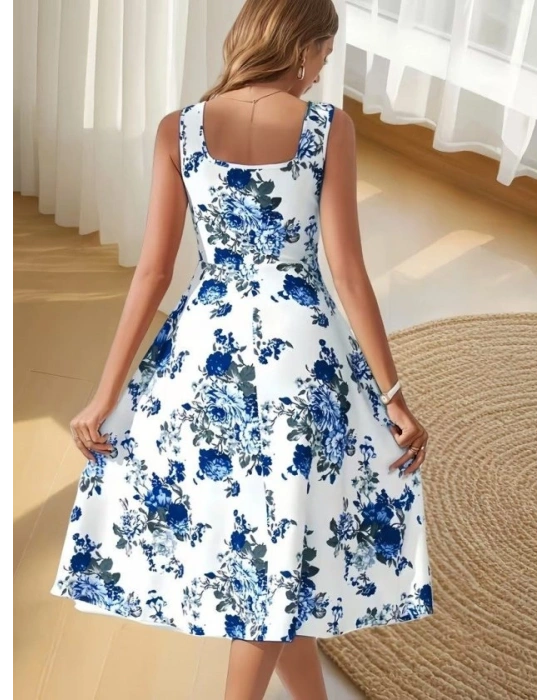 Kadın Askılı Kare Yakalı çiçek Desenli Midi Dalgıç Elbise