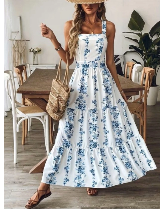 Kadın Askılı Kare Yakalı Sırttan Fiyonk Bağlama Detaylı Desenli Uzun Süprem Elbise