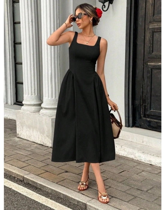 Kadın Askılı Kare Yakalı Uzun Ithal Krep Elbise