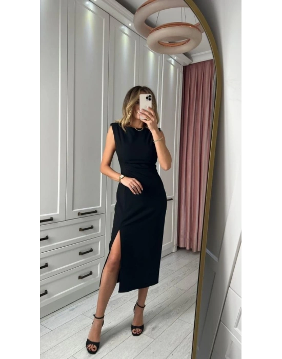 Kadın Askılı Kolsuz Belden Büzgülü Yırtmaçlı Midi Janjan Krep Elbise