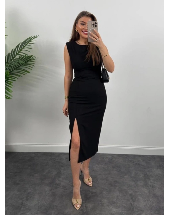 Kadın Askılı Kolsuz Belden Büzgülü Yırtmaçlı Midi Janjan Krep Elbise