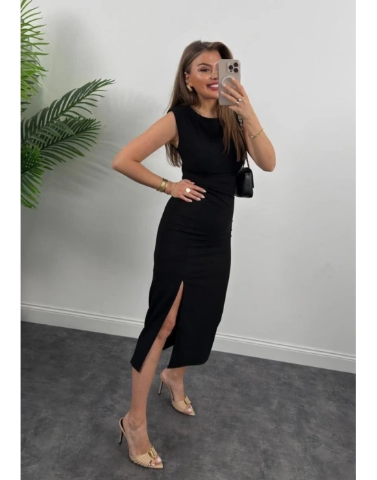 Kadın Askılı Kolsuz Belden Büzgülü Yırtmaçlı Midi Janjan Krep Elbise