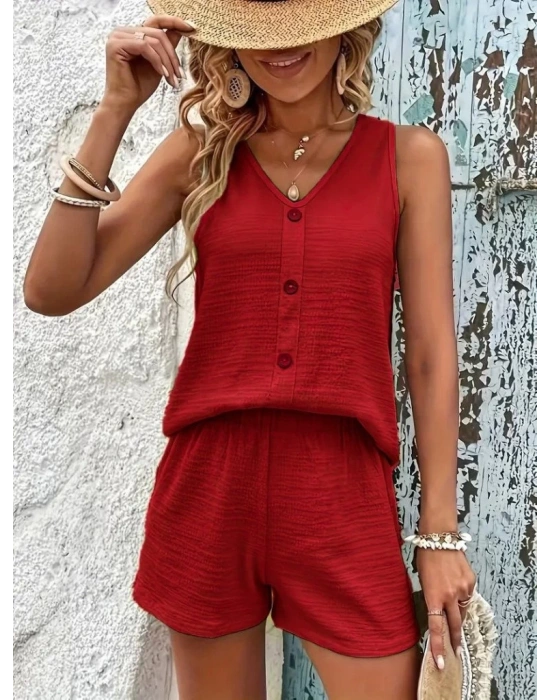 Kadın Askılı Kolsuz V Yakalı önden Düğmeli Bürümcük Bluz Ve Short Ikili Takım