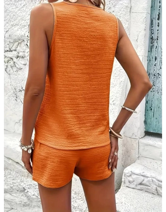 Kadın Askılı Kolsuz V Yakalı önden Düğmeli Bürümcük Bluz Ve Short Ikili Takım