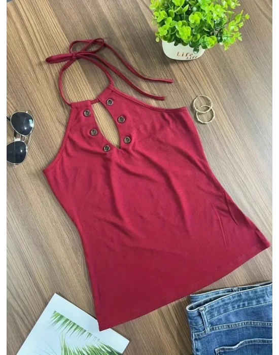 Kadın Askılı Kuş Gözü Ve Dekolte Detay Boyundan Bağlamalı Viskon Bluz