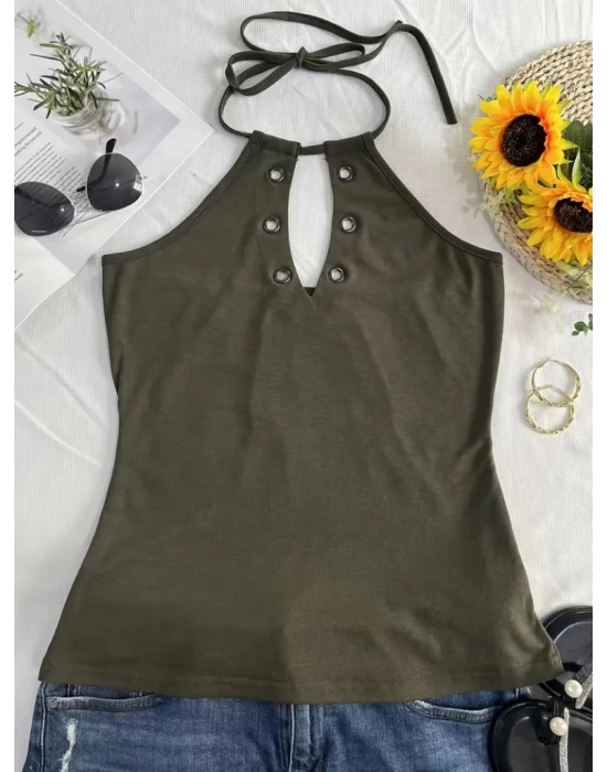 Kadın Askılı Kuş Gözü Ve Dekolte Detay Boyundan Bağlamalı Viskon Bluz