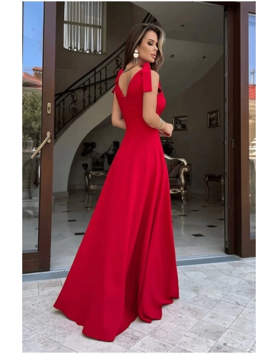 Kadın Askılı Omuzdan Bağlamalı Kruvaze Yakalı Uzun Yırtmaçlı Janjan Krep Elbise