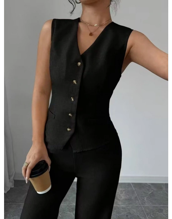 Kadın Askılı önden Düğmeli Bluz Ve Pantolon Keten Ikili Takım