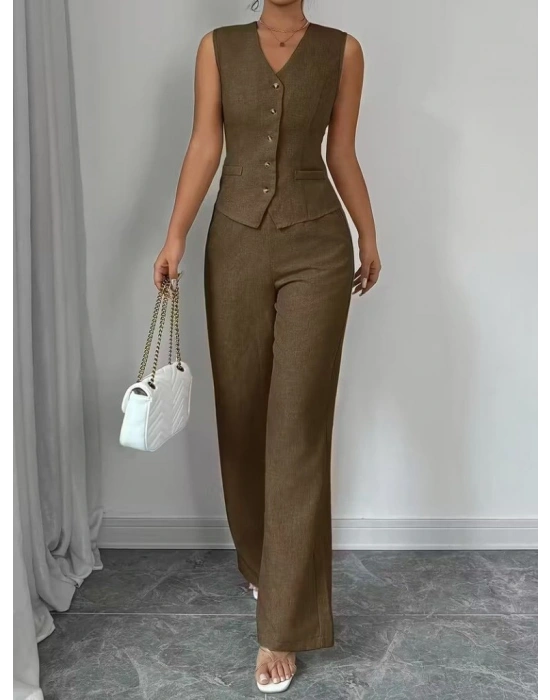 Kadın Askılı önden Düğmeli Bluz Ve Pantolon Keten Ikili Takım