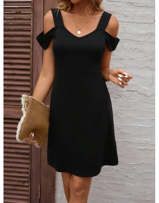 Kadın Askılı Soğuk Omuz Detaylı Modal Elbise