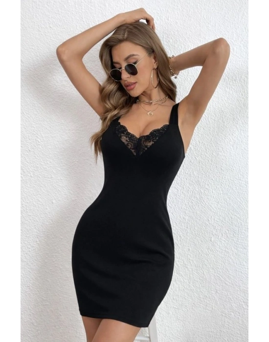Kadın Askılı V Dantel Yakalı Kısa Dalgıç Elbise