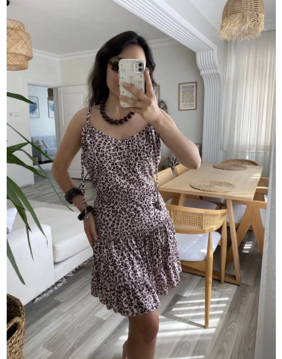 Kadın Askılı V Yaka Beli Pileli Leopar Desen Eteği Fırfırlı Süprem Elbise