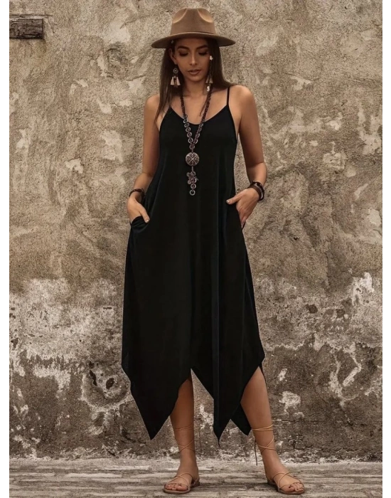 Kadın Askılı V Yakalı Cep Detaylı Asimetrik Kesim Detaylı Viskon Elbise