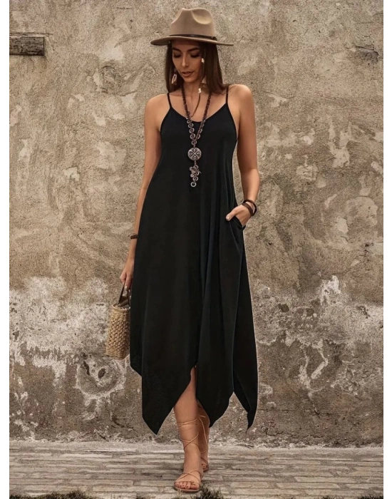 Kadın Askılı V Yakalı Cep Detaylı Asimetrik Kesim Detaylı Viskon Elbise