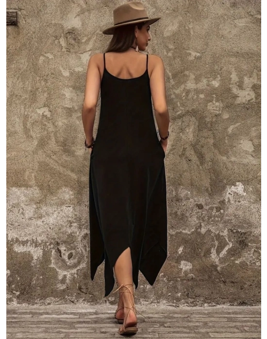 Kadın Askılı V Yakalı Cep Detaylı Asimetrik Kesim Detaylı Viskon Elbise