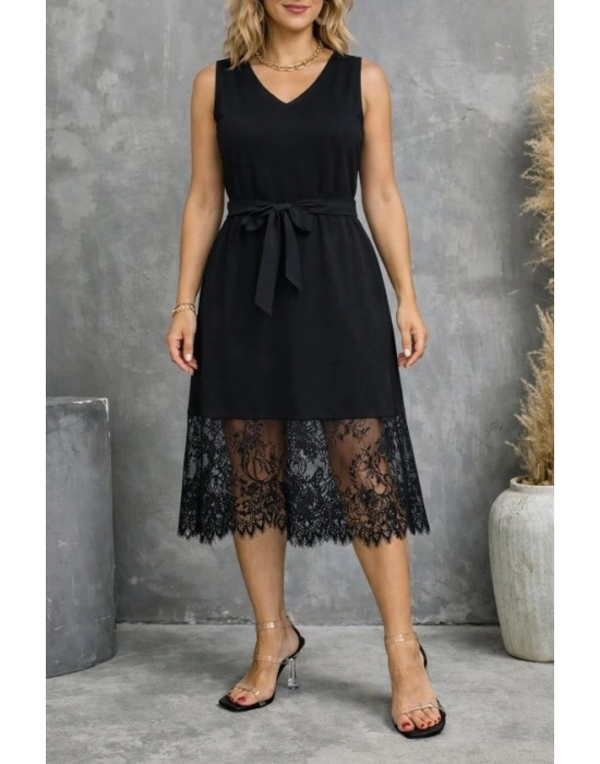 Kadın Askılı V Yakalı Dantelli Midi Viskon Elbise