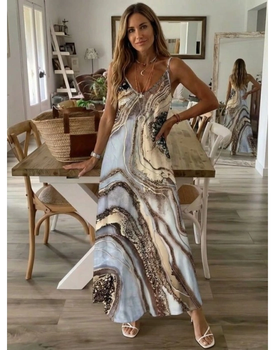 Kadın Askılı V Yakalı Desenlı Uzun Süprem Elbise