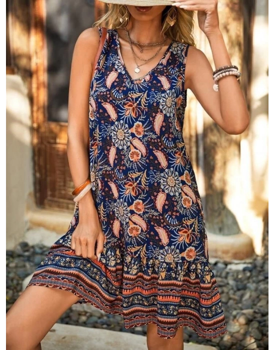 Kadın Askılı V Yakalı Fırfırlı Desenli Süprem Kısa Elbise