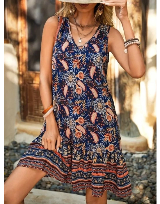 Kadın Askılı V Yakalı Fırfırlı Desenli Süprem Kısa Elbise