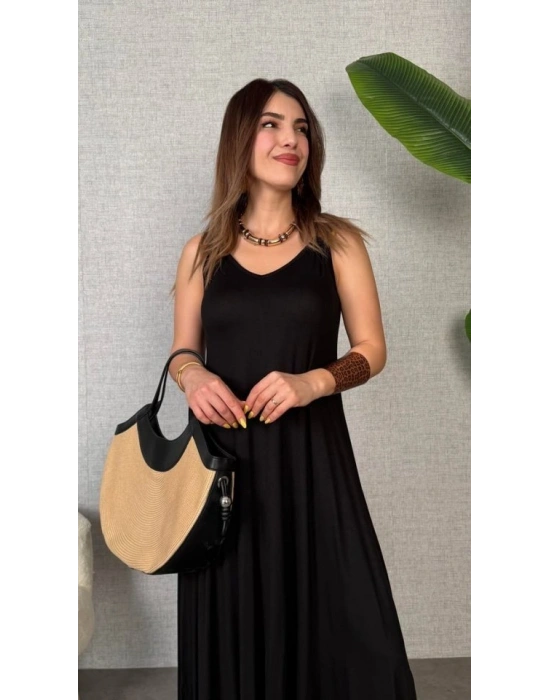 Kadın Askılı V Yakalı Halka Detaylı Asimetrik Kesim Detaylı Viskon Maxi Elbise