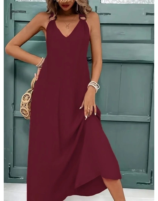 Kadın Askılı V Yakalı Halka Detaylı Maksi Boy Viskon Elbise