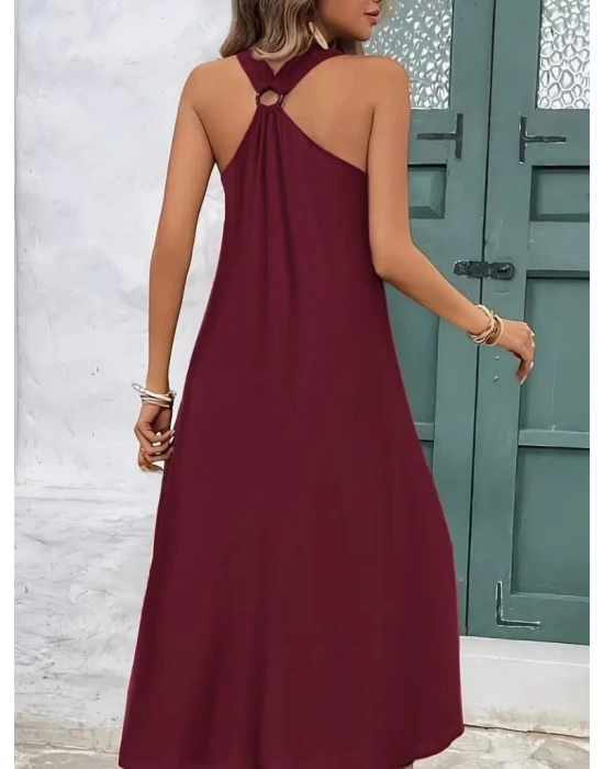 Kadın Askılı V Yakalı Halka Detaylı Maksi Boy Viskon Elbise