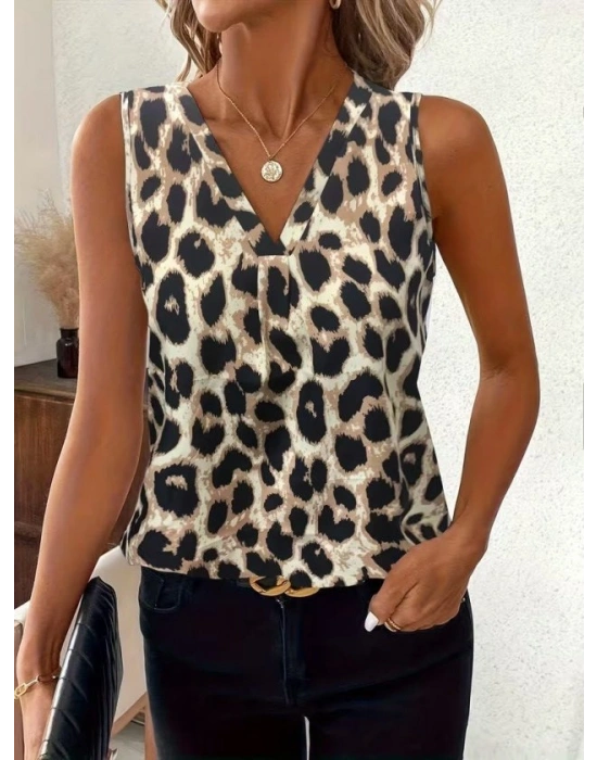 Kadın Askılı V Yakalı Leopar Desenli Süprem Bluz