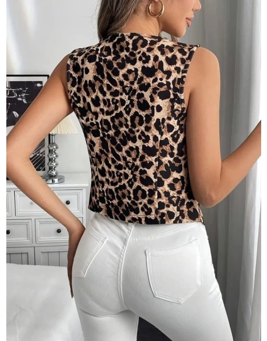 Kadın Askılı V Yakalı önden Düğmeli Leopar Desenli Atlas Ceket