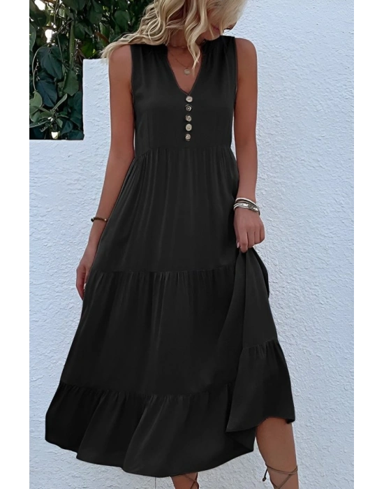 Kadın Askılı V Yakalı önden Düğmeli Midi Viskon Elbise