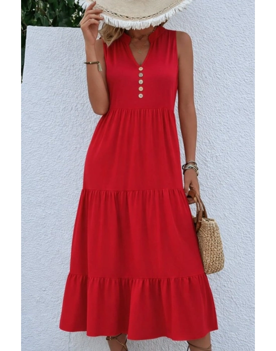 Kadın Askılı V Yakalı önden Düğmeli Midi Viskon Elbise