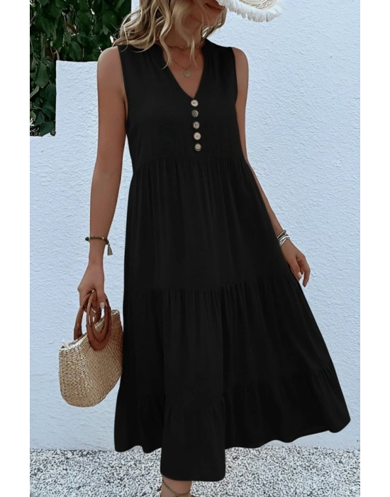 Kadın Askılı V Yakalı önden Düğmeli Midi Viskon Elbise