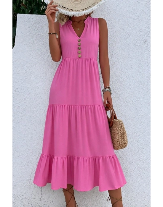 Kadın Askılı V Yakalı önden Düğmeli Midi Viskon Elbise