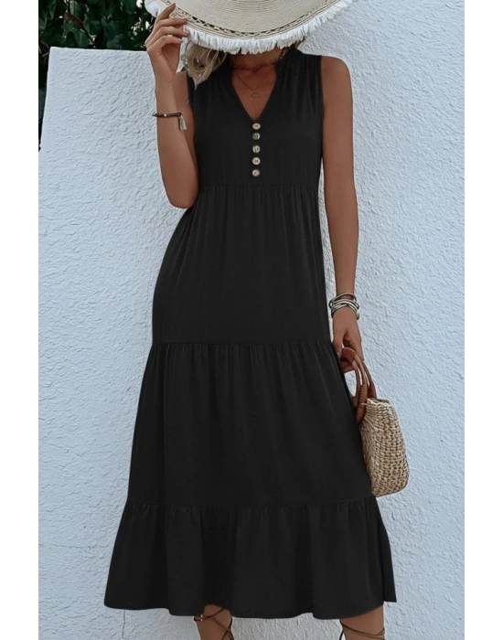 Kadın Askılı V Yakalı önden Düğmeli Midi Viskon Elbise