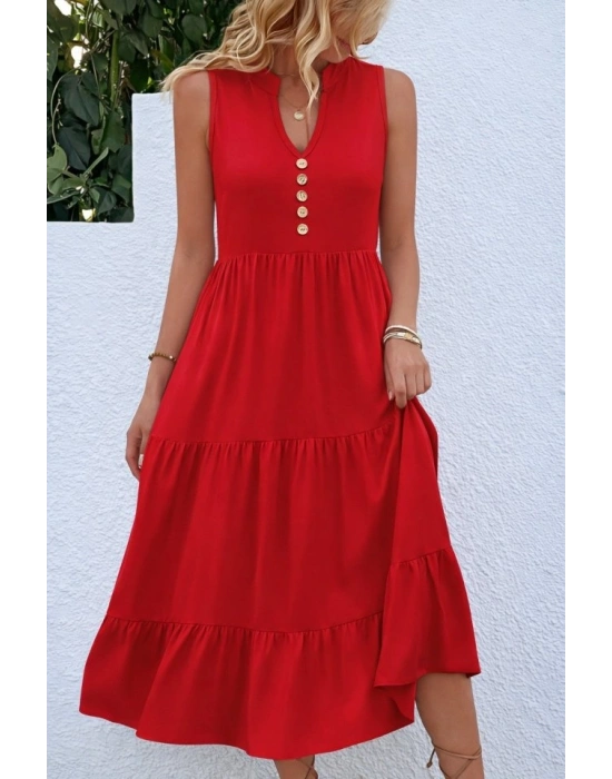 Kadın Askılı V Yakalı önden Düğmeli Midi Viskon Elbise