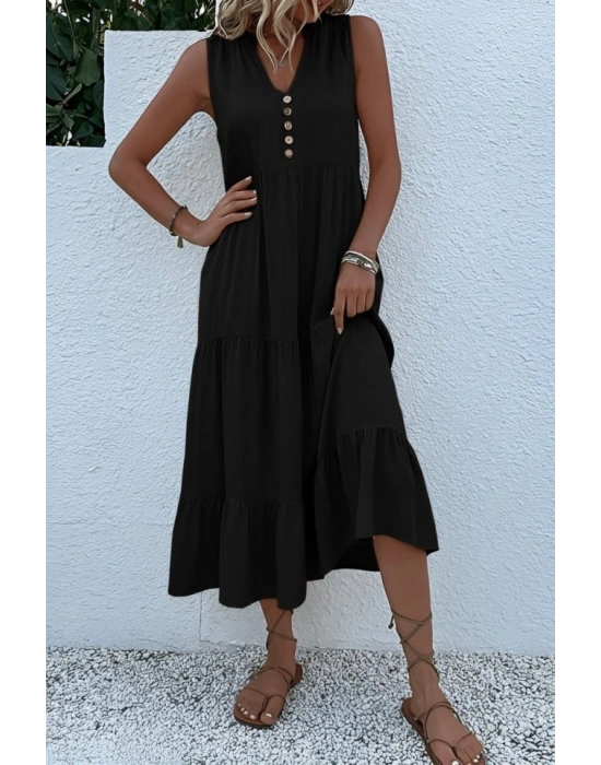 Kadın Askılı V Yakalı önden Düğmeli Midi Viskon Elbise