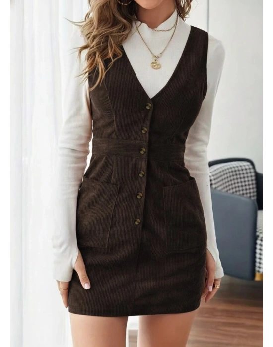 Kadın Askılı V Yakalı önden Düğmeli Mini Kalın Fitilli Kadife Elbise