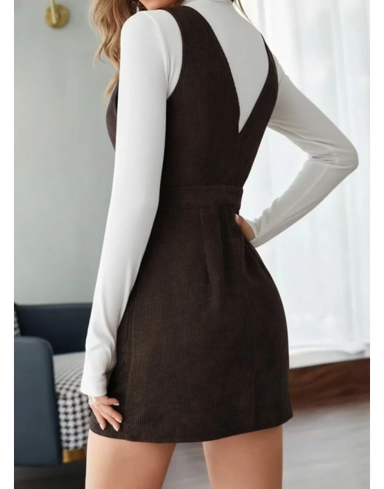 Kadın Askılı V Yakalı önden Düğmeli Mini Kalın Fitilli Kadife Elbise