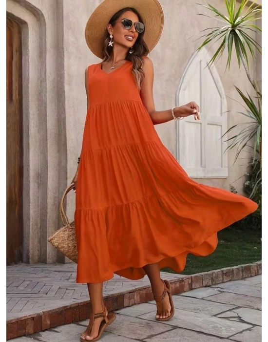 Kadın Askılı V Yakalı Uzun Dokuma Viskon Elbise