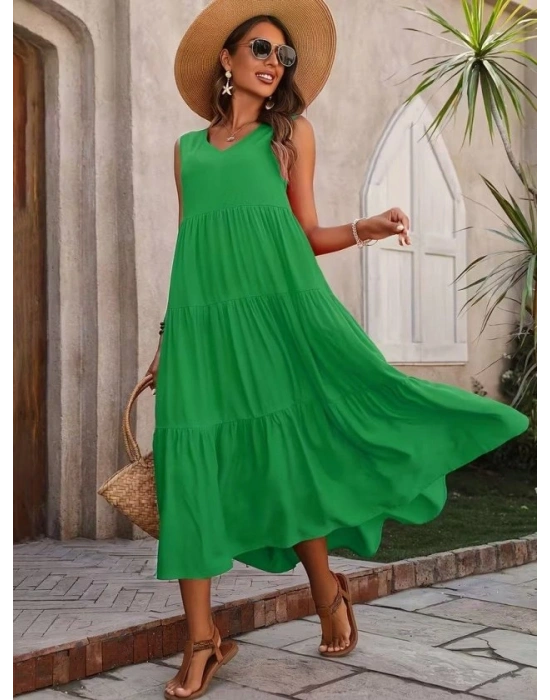 Kadın Askılı V Yakalı Uzun Dokuma Viskon Elbise